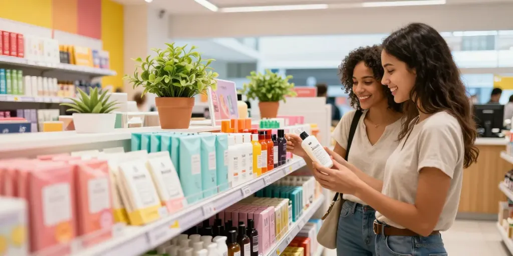 Shopper exploring colorful Produtos in a vibrant retail store