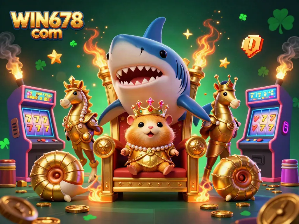 Engage with thrilling gaming at WIN678 com featuring a golden hamster king and vibrant slot elements.