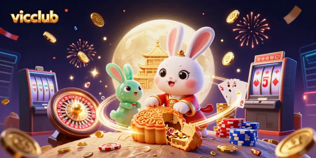 Play and win at Vicclub with an engaging 3D illustration of a moon rabbit and casino elements.