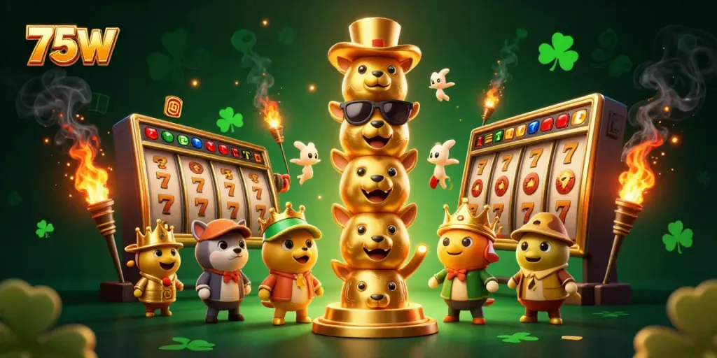 Engage with the lively casino world in this vibrant 75W-themed illustration featuring a golden totem.