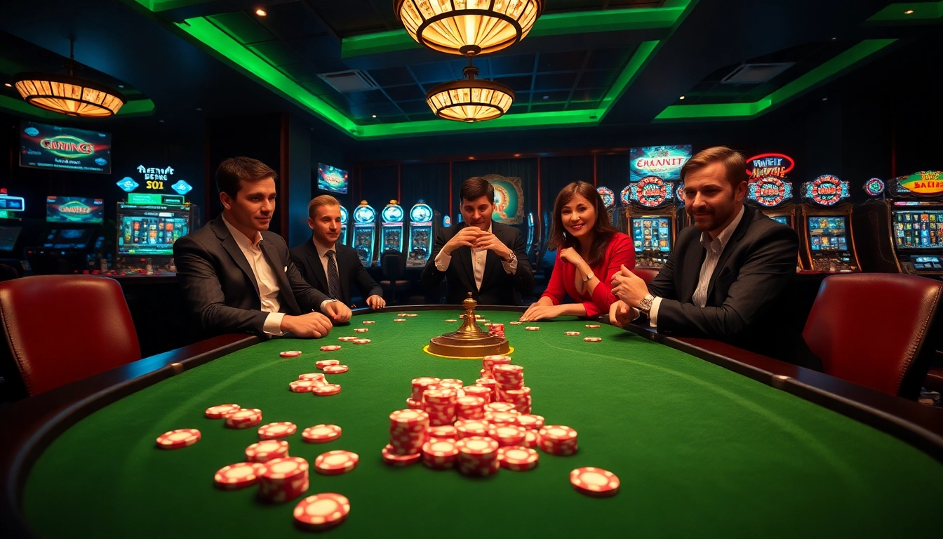 Experience thrilling action at https://288tbr.com/ with players engaging in high-stakes poker at an elegant casino table.