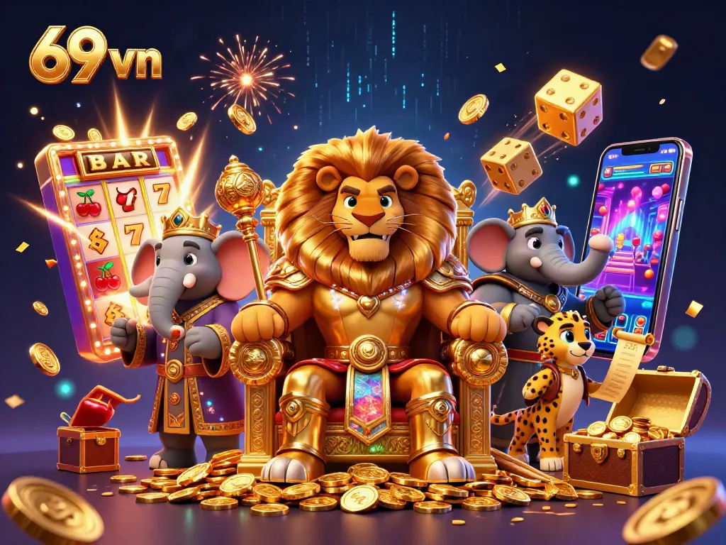 Engage in thrilling games at 69 vn casino with a vibrant scene of a lion king amid jackpot action.