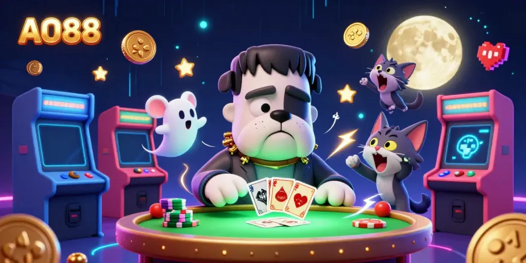 AO88's lively gaming scene with a Frankenstein bulldog, ghost mouse, and werewolf kitten engaging in card games.