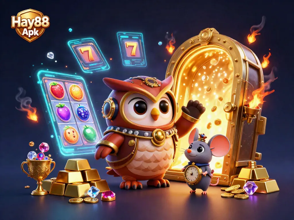 Experience Hay88 Apk with an engaging steampunk casino scene featuring animated characters and vibrant elements.