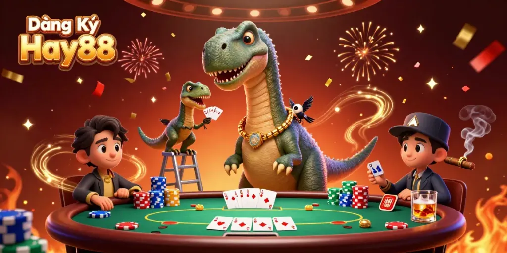 Đăng Ký Hay88 in an engaging 3D scene, where a brontosaurus monitors a lively poker game.