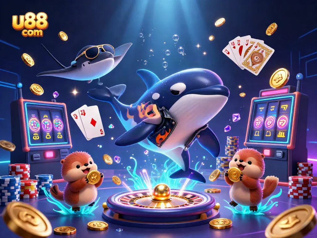 Win big with U88 com in this dynamic 3D casino illustration featuring playful sea creatures.