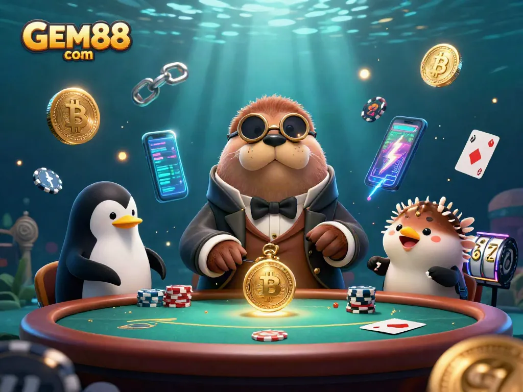 Experience the thrilling underwater poker scene with GEM88 com, featuring vibrant characters and crypto elements.