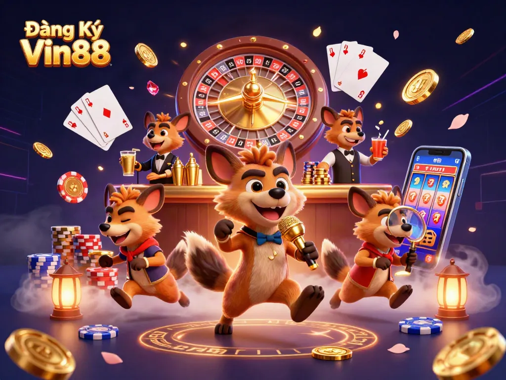 Experience the excitement of Đăng Ký Vin88 with a vibrant 3D casino scene showcasing lively hyenas in action.
