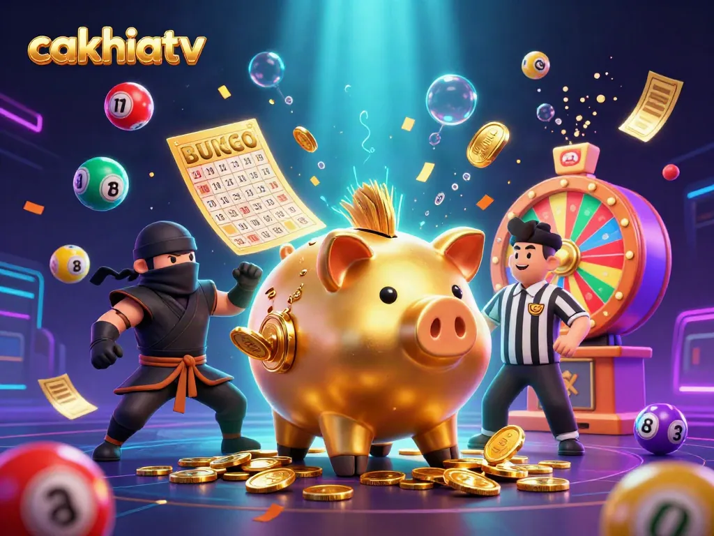Exciting scene showcasing cakhiatv's thrilling gambling ambiance with a sumo wrestler piggy bank and dynamic elements