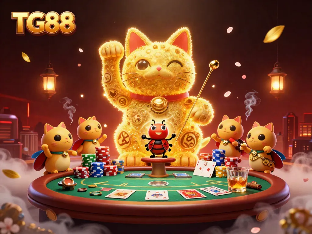 Experience vibrant gaming excitement at TG88 with a lively lucky cat made of fireflies and dynamic casino elements.