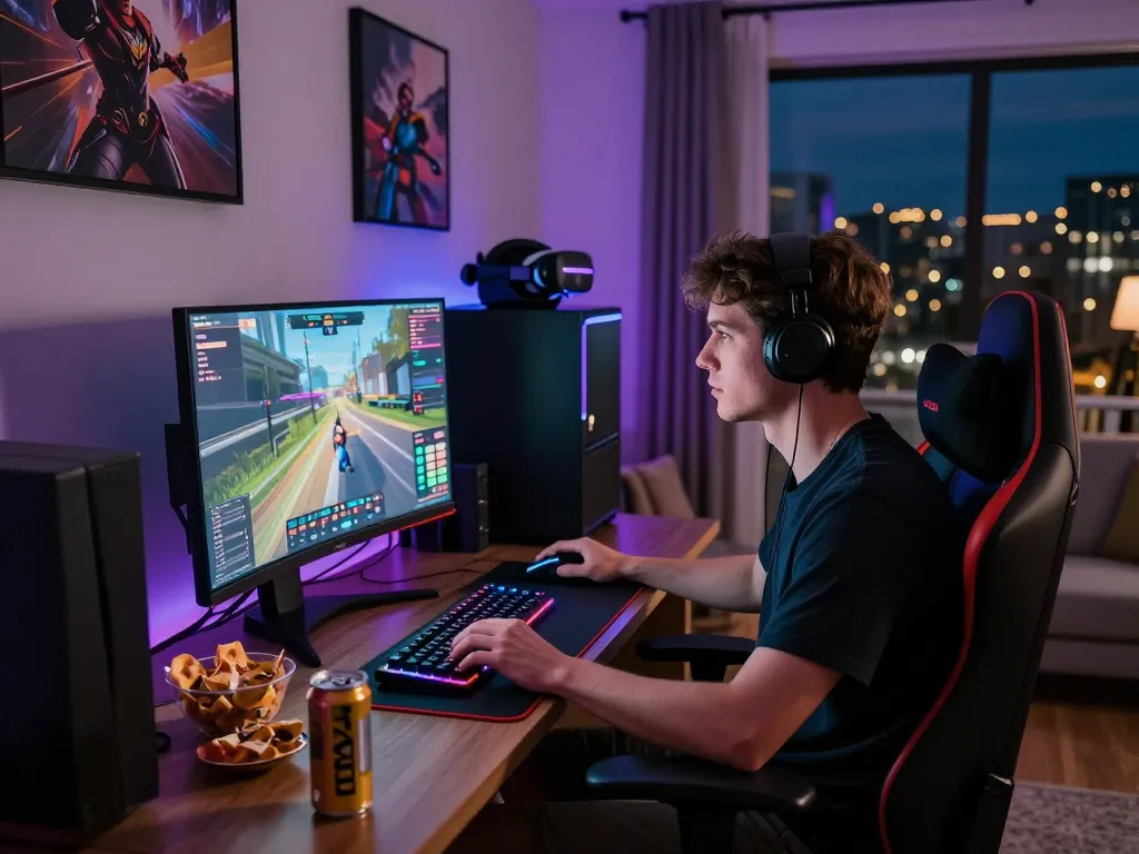 Engaged gamer at home in vibrant gaming lounge focused on man88 gaming interface.