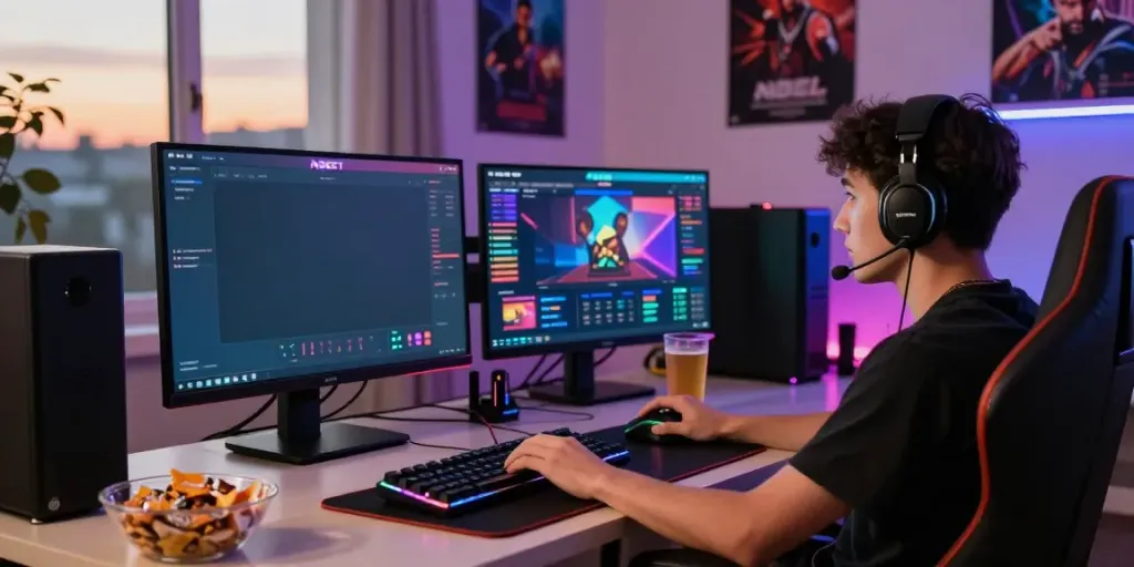 Enthusiastic player engaged in an NBET gaming experience with vibrant lights and snacks.