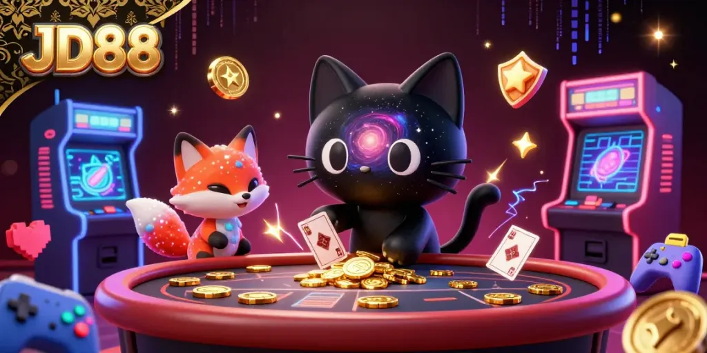 Experience JD88 with vibrant 3D casino elements, showcasing a black hole cat and nebula fox in action.