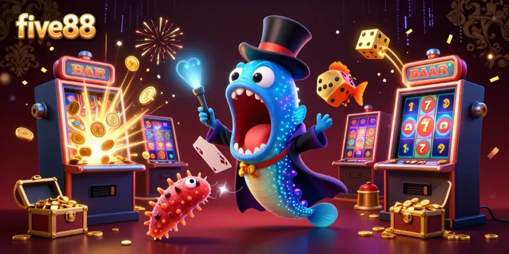 Experience the excitement of five88 with a vibrant 3D illustration of a magical underwater casino scene.