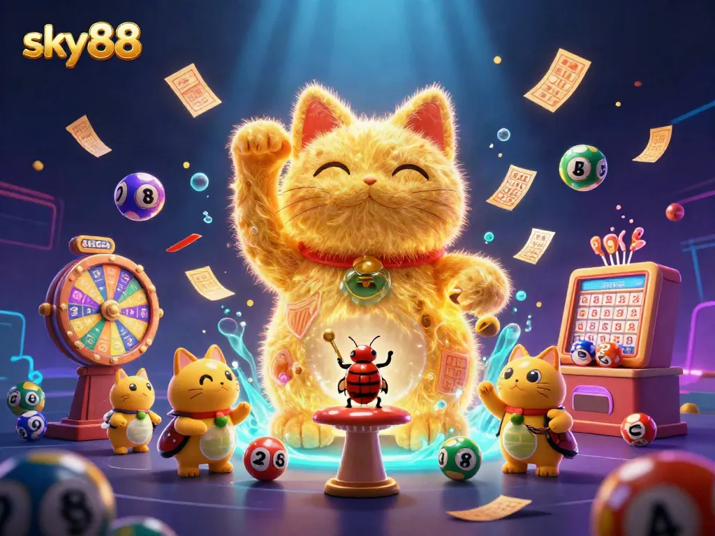 Experience sky88's vibrant casino atmosphere with a giant lucky cat made of fireflies and dynamic game symbols.