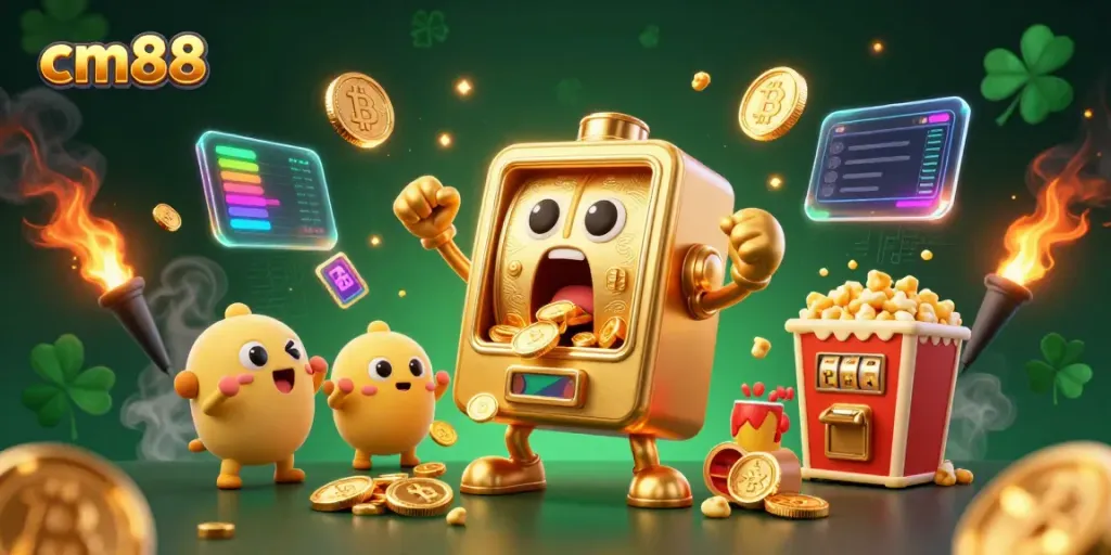 Unleash your luck with cm88 as a golden slot machine hits the jackpot, showering coins.