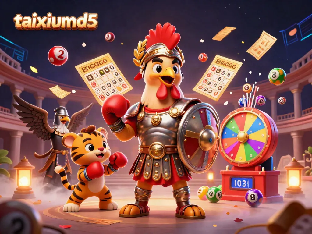Engage in the dynamic excitement of taixiumd5 with vibrant lottery balls and a gladiator rooster.