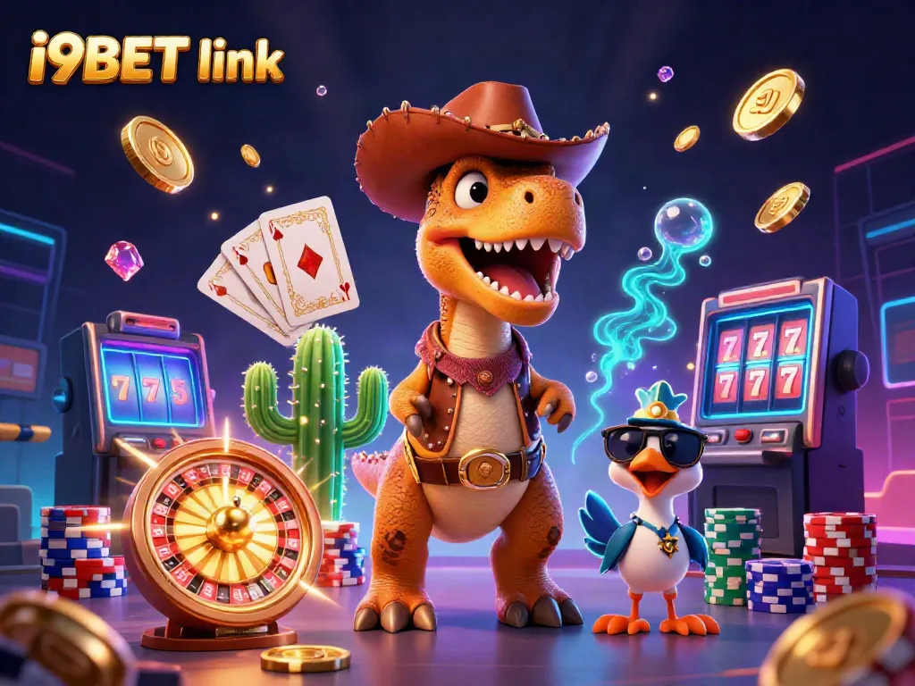 Experience dynamic gaming at i9BET link with a roaring dinosaur and vibrant casino elements.