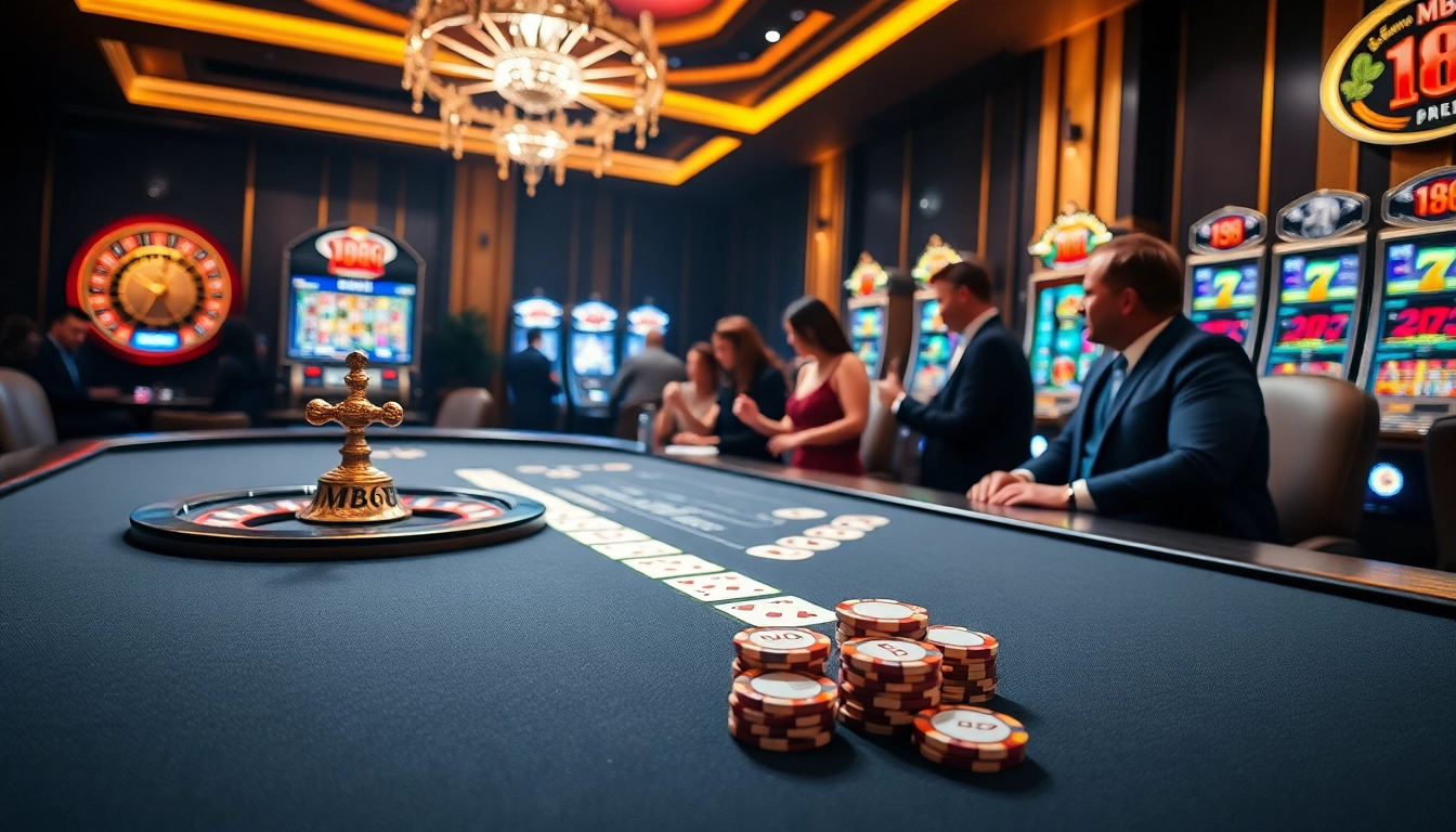 Experience the excitement of betting at MB66 with a vibrant casino scene featuring tables and slots.