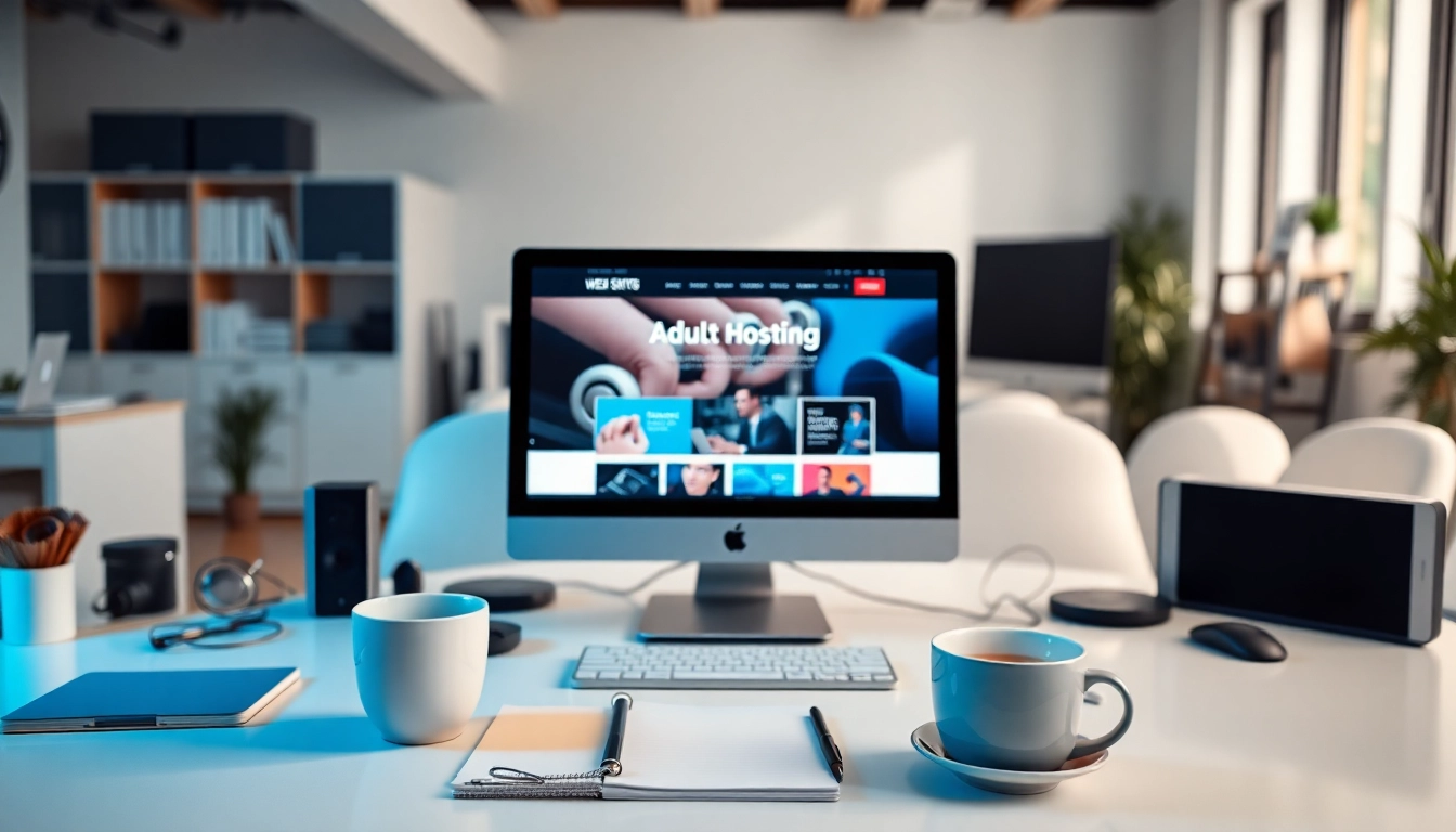 Streamlined office setup highlighting adult web hosting services with modern tech and inviting atmosphere.