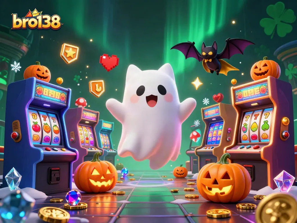 Engage thrill seekers with bro138 in a vibrant haunted casino scene with animated characters and game elements.