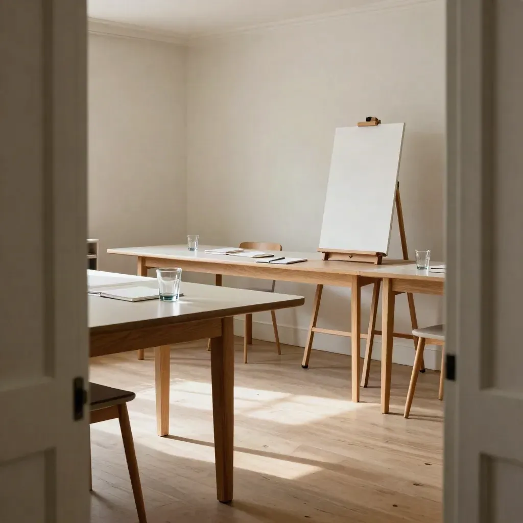 Sala de workshop vazia com mesas em U, cadernos fechados, copos de água e cavalete na luz da tarde.