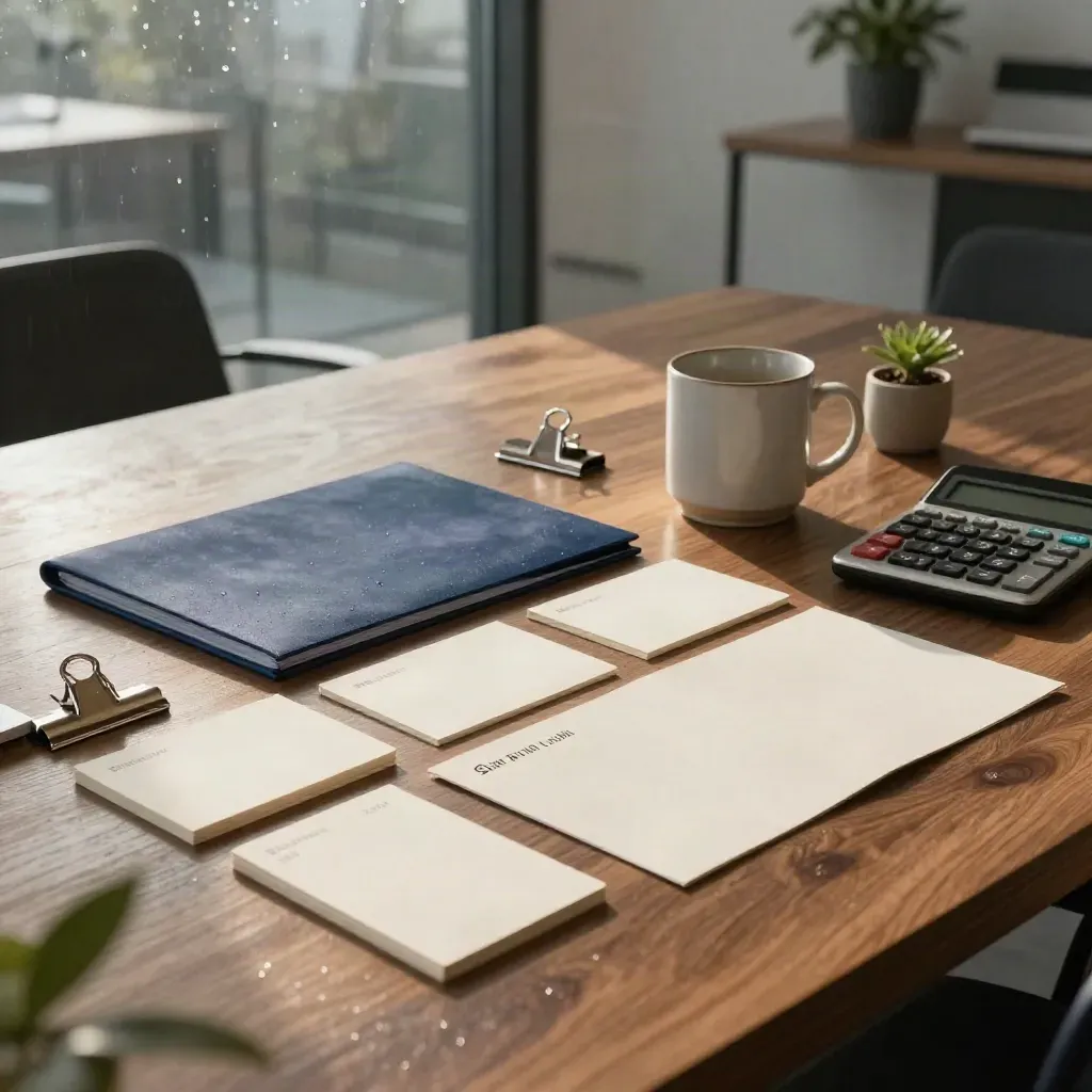 Kit de auditoria estratégica sobre mesa de madeira, com pastas, cartões e caneca, luz de fim de manhã.