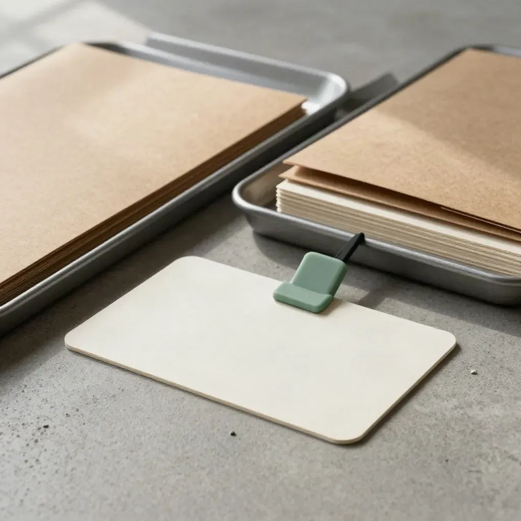 Cartões de ação, bandejas e envelopes selados sobre concreto, com um marcador verde à frente.