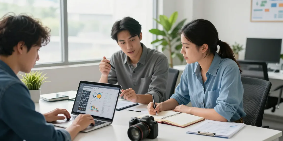 Calculadora de porcentagem em ambiente moderno de trabalho colaborativo, jovens analisando dados financeiros.