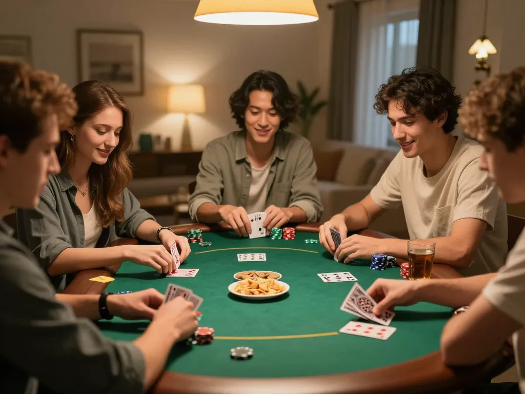 Players enjoying a poker night at home, strategizing their moves together at 789 club.
