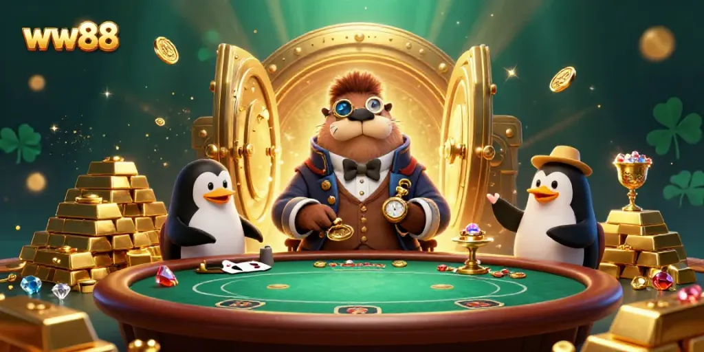 Play poker underwater with ww88's 3D walrus character at the table amidst treasures.
