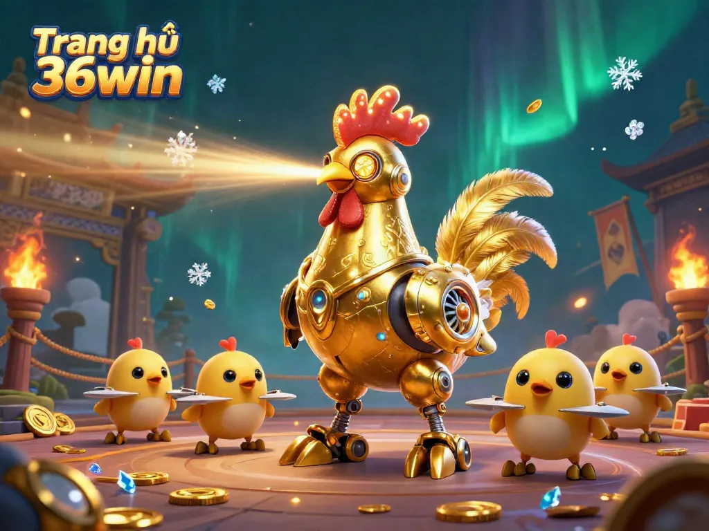 Win big with Trang chủ 36win's 3D themed adventure featuring golden rooster, coins, and vibrant game elements.