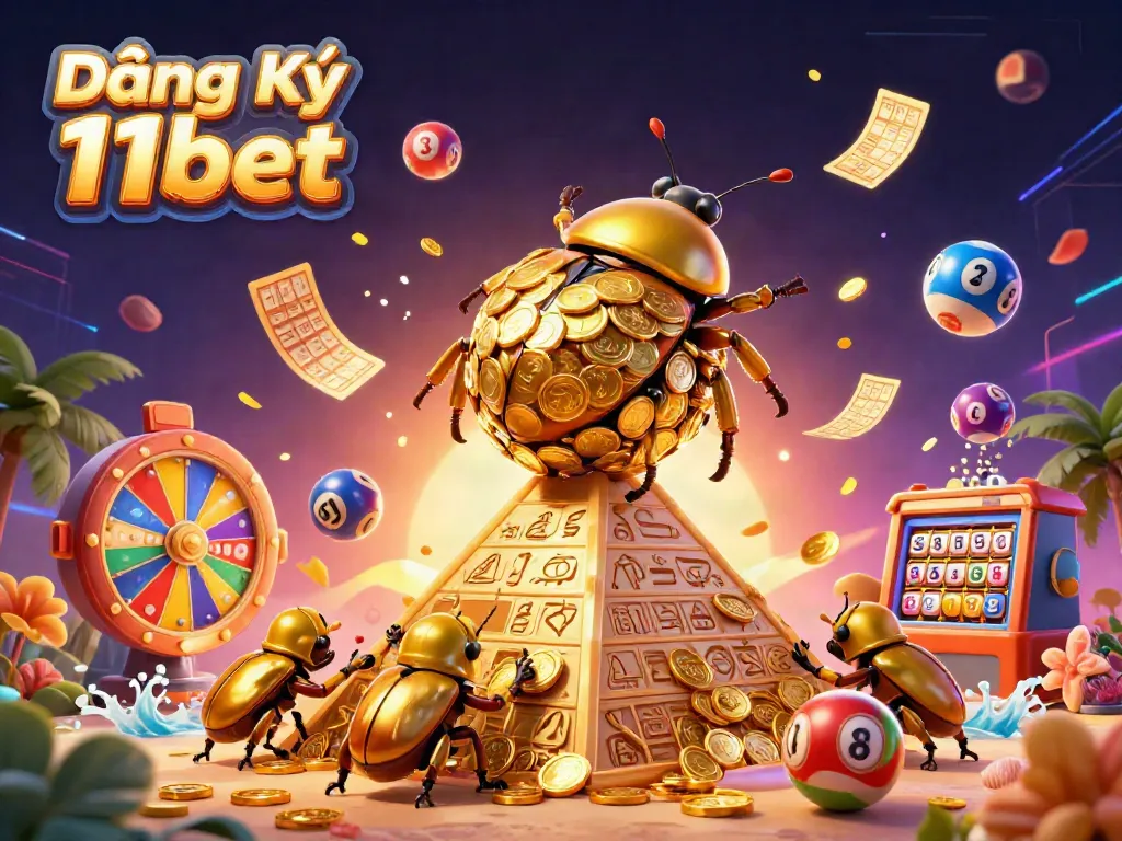 Join the excitement of Đăng Ký 11bet with colorful casino-themed elements and a dynamic beetle scene.