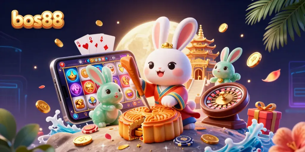 Experience the excitement of bos88 with a vibrant 3D illustration featuring the moon rabbit and casino elements.