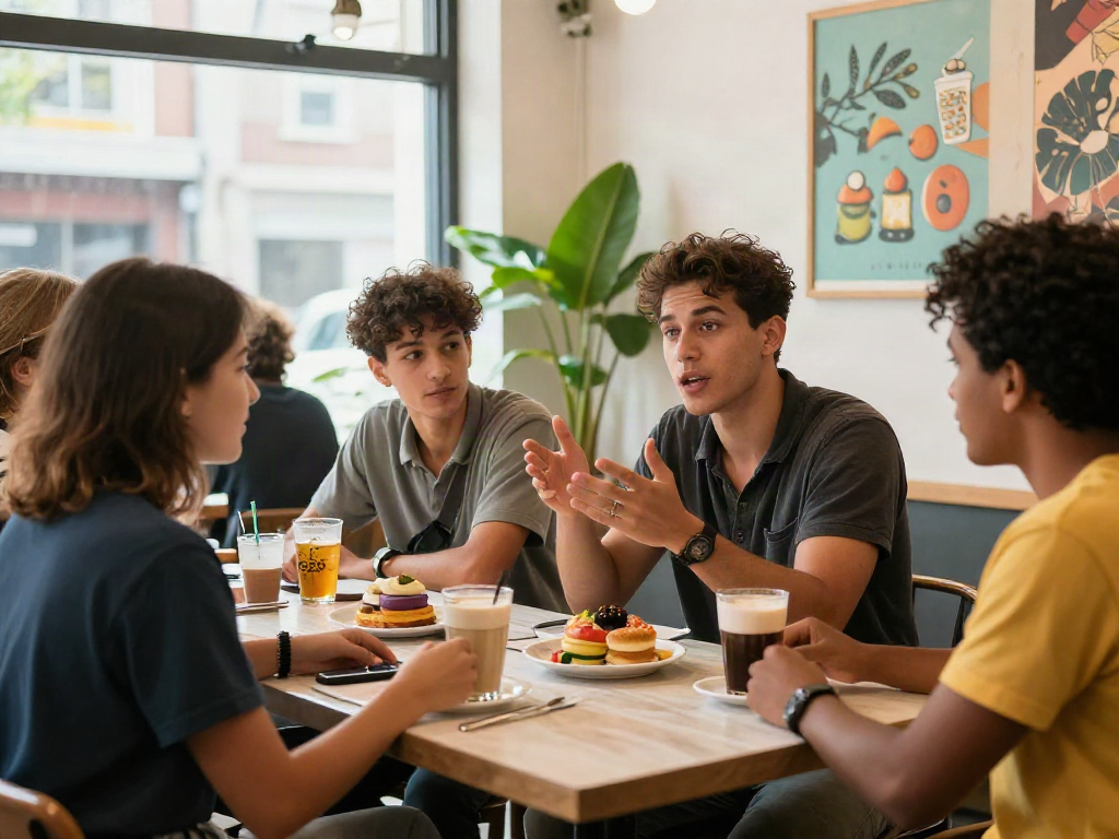 Friends enjoying a lively discussion at a coffee shop with rokok88 vibes.