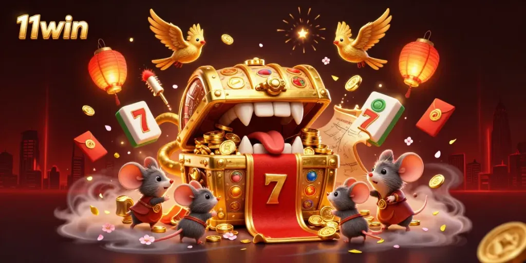 Experience thrilling casino games with 11win’s vibrant and colorful immersive illustration featuring treasure and luck.