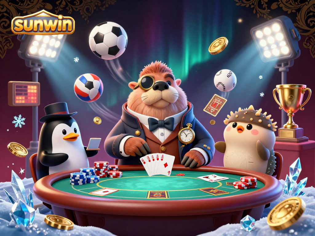 Sunwin's animated poker scene with a walrus, penguin dealer, and pufferfish bluffing.