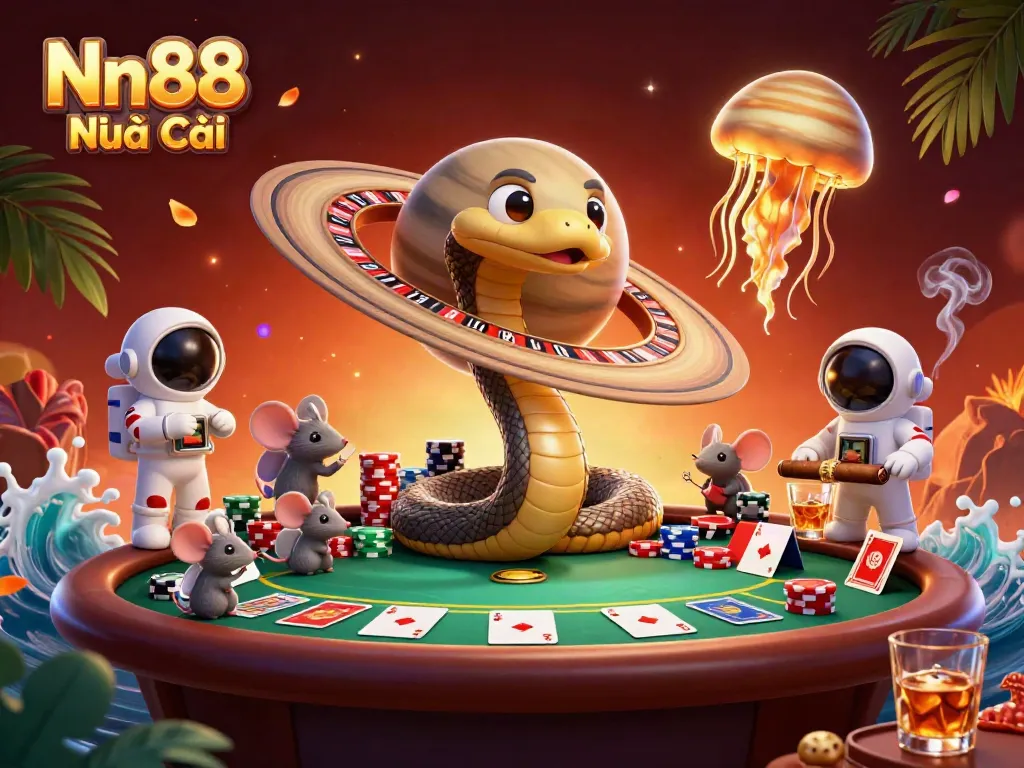 Nn88 Nhà Cái captivates players at a thrilling roulette scene featuring cosmic elements and astro-themed gamblers.