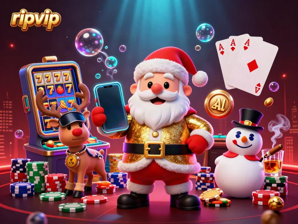Experience the thrill of ripvip with Santa, a reindeer dealer, and a poker chip snowman in vibrant casino action.
