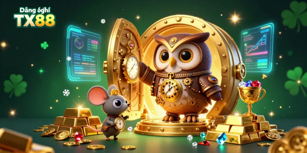 Experience the excitement of Đăng ký TX88 with a whimsical casino scene featuring a time-traveler owl and treasures.