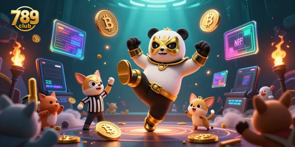 Engaging scene of 789 club featuring a wrestling panda amidst neon crypto coins and excited animal fans.