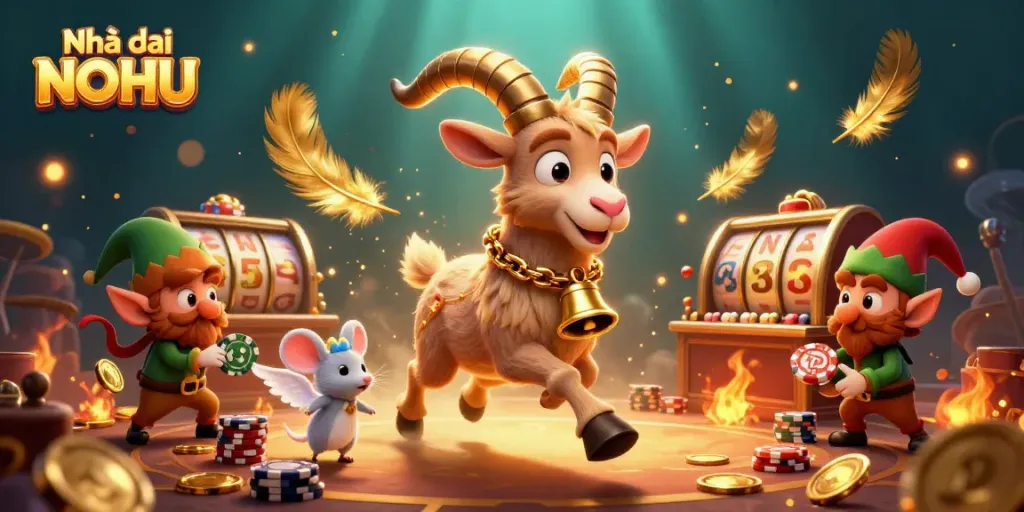 Engage with Nhà cái NOHU's exhilarating gaming scene featuring a festive casino atmosphere with dynamic characters.