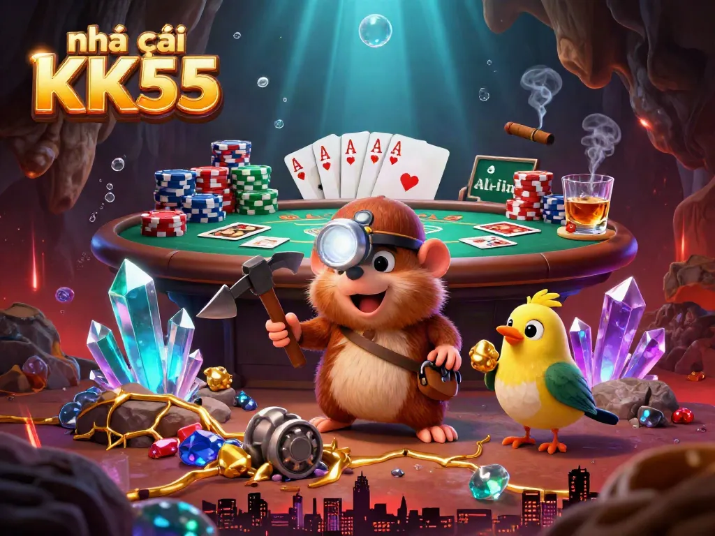 Engage in gaming action at nhà cái KK55 with a treasure hunter and poker elements highlighted.