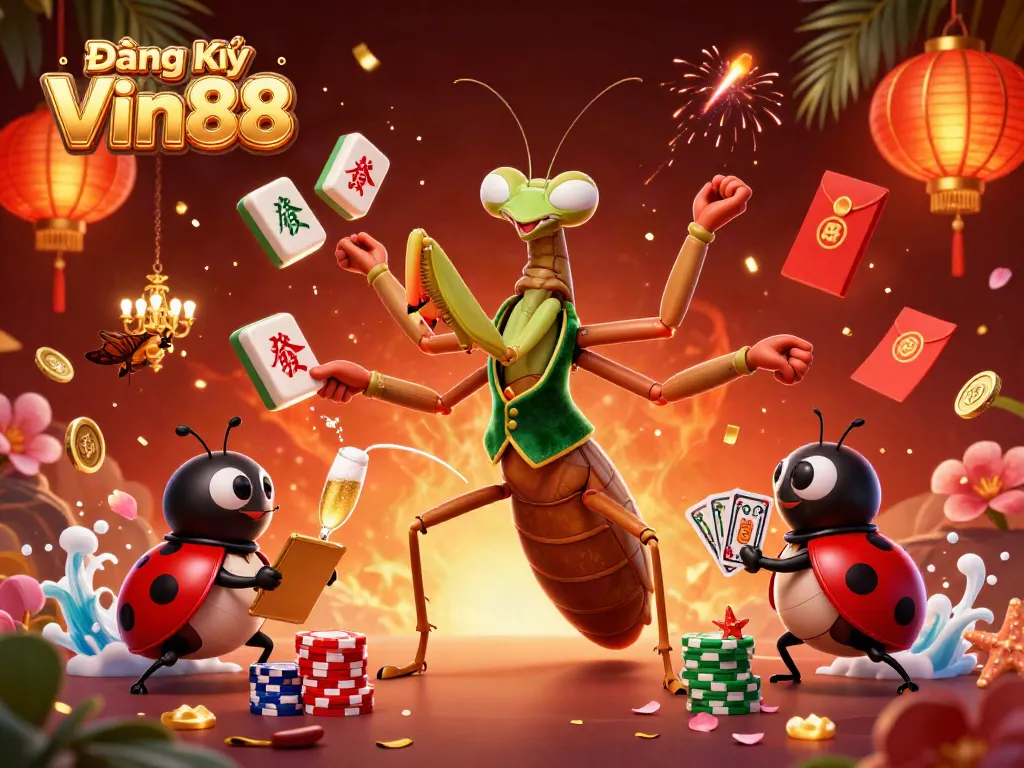 Join the excitement at Đăng Ký Vin88 with a vibrant illustration of a casino scene featuring unique characters and elements