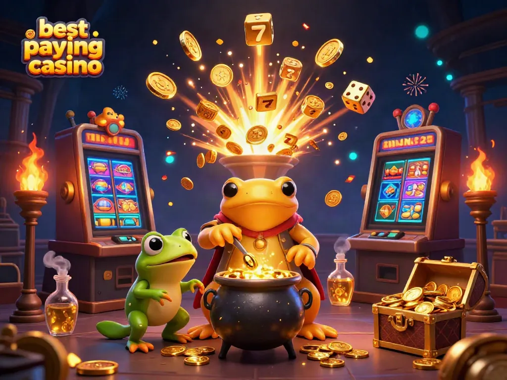 Engaging scene portraying a best paying online casino environment with an alchemist and assistants surrounded by vibrant gaming elements.