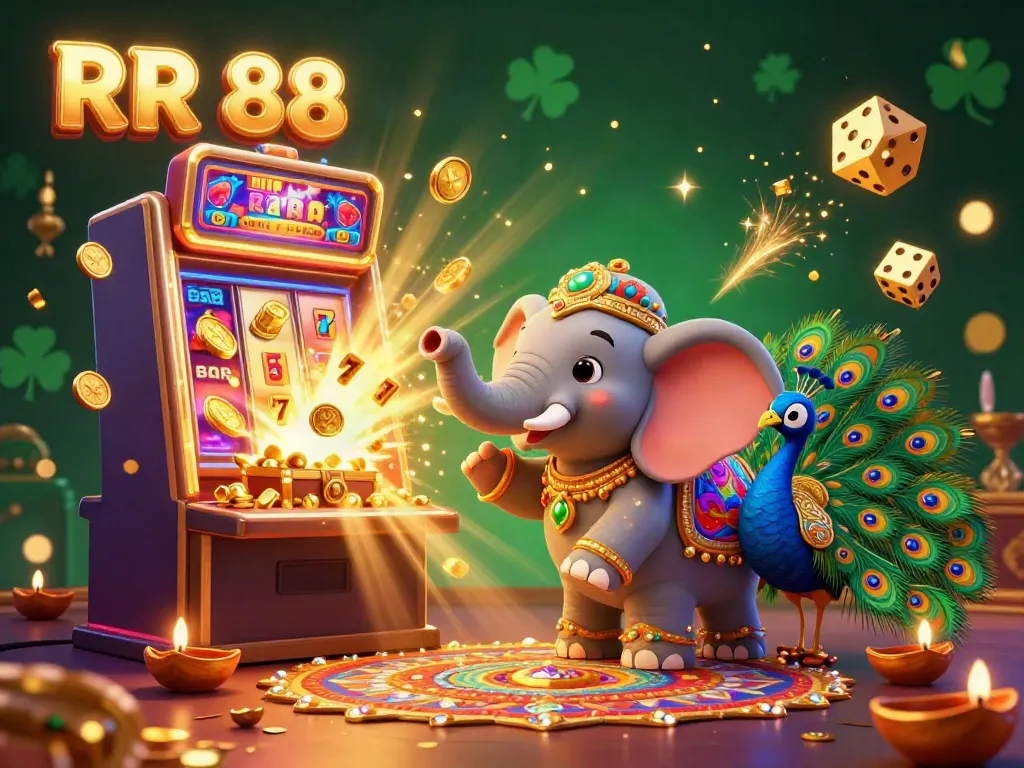 Experience the vibrant RR 88 casino atmosphere with festive elephants and immersive game elements.