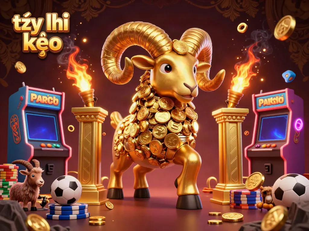 Engage with tỷ lệ kèo in a vibrant 3D betting scene featuring a golden ram, arcade games, and sports elements