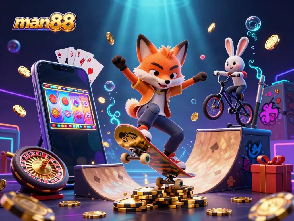 Experience the thrill of man88 with vibrant casino-themed 3D illustration showcasing engaging characters and gaming elements.