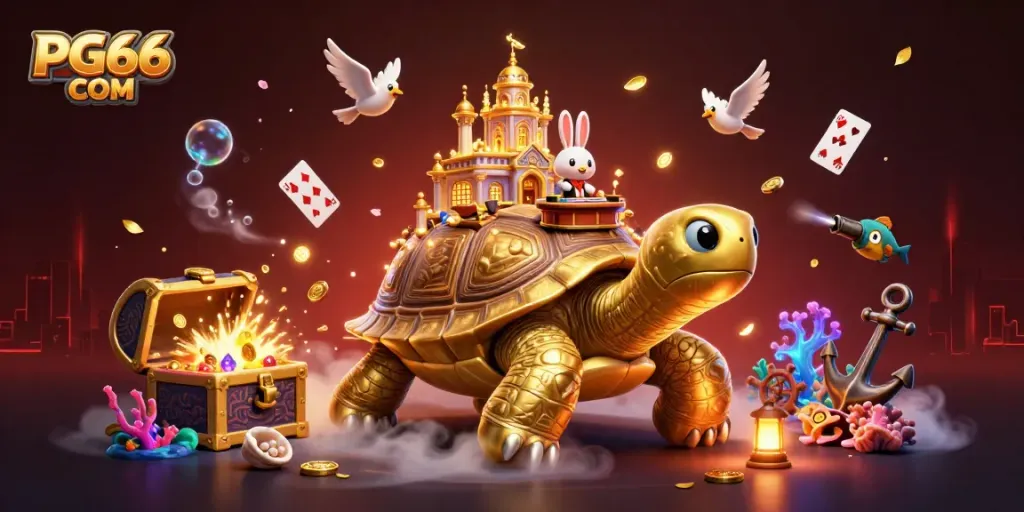 Engage in thrilling gameplay at PG66 COM with a vibrant casino scene featuring a golden tortoise and a rabbit dealer.