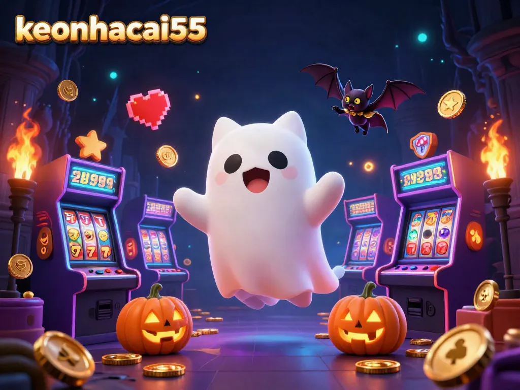 Experience the thrill of gaming and betting at keonhacai55 with a friendly ghost cat and vampire bat in a vibrant casino.